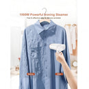 nzmegabuy portable handheld garment steamer smoothing wrinkles on a blue shirt with 1000W power