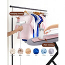 nzmegabuy portable white handheld garment steamer showing hanging and flat ironing modes on various fabric types