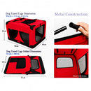 nzmegabuy red portable soft dog travel crate showing dimensions, metal frame assembly, and mesh ventilation windows