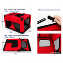nzmegabuy red portable soft dog travel crate showing metal frame assembly, mesh windows, and folded dimensions.