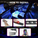 nzmegabuy 4-piece RGB car footwell LED light strip kit installation guide showing app control and adhesive backing