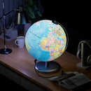 nzmegabuy 25cm rotating blue world globe with LED light on a wooden desk, perfect for study or office decor.