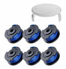 nzmegabuy 6-pack of Ryobi ONE+ replacement trimmer spools with blue nylon line and a white replacement trimmer cap.