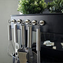 nzmegabuy silver neodymium magnetic hooks attached to a black metal cart holding various stainless steel kitchen tools