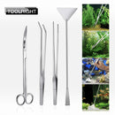 nzmegabuy 4-piece stainless steel aquarium tool kit including curved scissors, tweezers, and a substrate spatula.