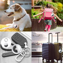 nzmegabuy 4-pack waterproof TPU AirTag keychain holders attached to a dog collar, backpack, keys, and luggage.