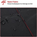Close-up of black waterproof nylon fabric on an nzmegabuy camera backpack with water droplets and red stitching