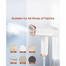 nzmegabuy white foldable handheld garment steamer releasing steam, featuring a stainless steel nozzle for all fabrics