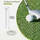 nzmegabuy 100 pack of 83mm white wooden golf tees shown with a golf ball and club on a green grass course