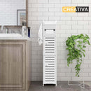 nzmegabuy white 4-layer WPC bathroom corner cabinet with slatted doors and towel rack in a modern bathroom setting
