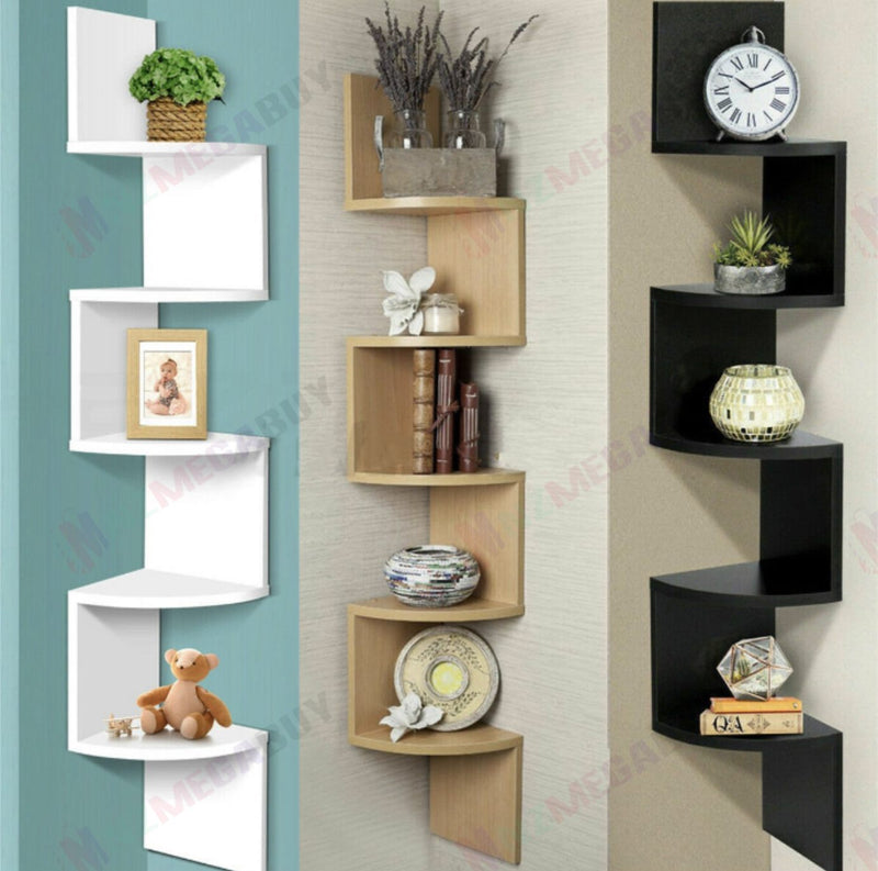 Wall Shelf Corner Floating Display Shelf Bookshelf White Rack 5 Tier *White