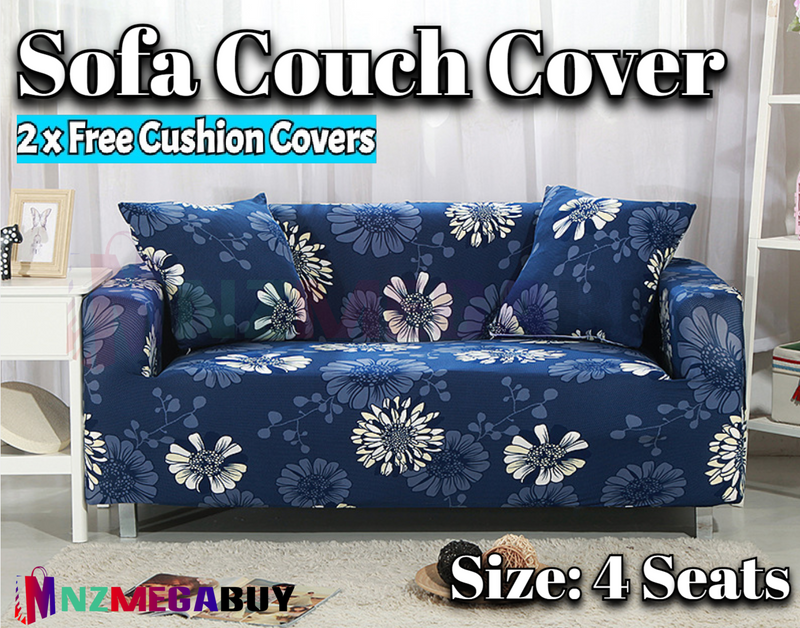 Stretch Sofa Cover Loung Couch Removable Slipcover 1/2/3/4Seater+1 Cushion Cover * Flower blue *4 Sizes